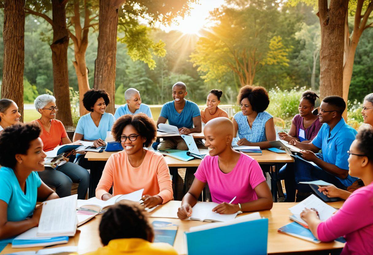 A collage depicting a diverse group of empowered cancer patients engaged in a vibrant classroom setting, surrounded by books, laptops, and supportive peers. Brightly colored infographics showcasing essential resources and advocacy tips hover in the air, symbolizing hope and knowledge. The background features a serene landscape with soft sunlight filtering through trees, representing growth and renewal. super-realistic. vibrant colors. inviting atmosphere.