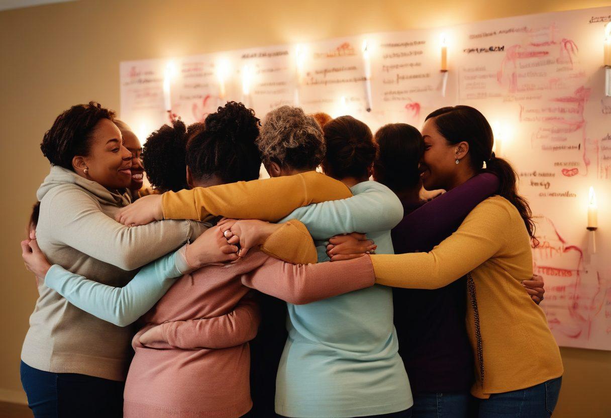 A diverse group of people gathered in a warm, inviting community space, sharing stories and support related to the cancer journey. Highlight the emotional connections—hugs, smiles, and comforting gestures among them. Include symbols of hope like ribbons and candles, with an encouraging quote on a wall in the background. The setting should feel inclusive, vibrant, and uplifting, embodying a sense of togetherness and resilience. super-realistic. vibrant colors. warm lighting.