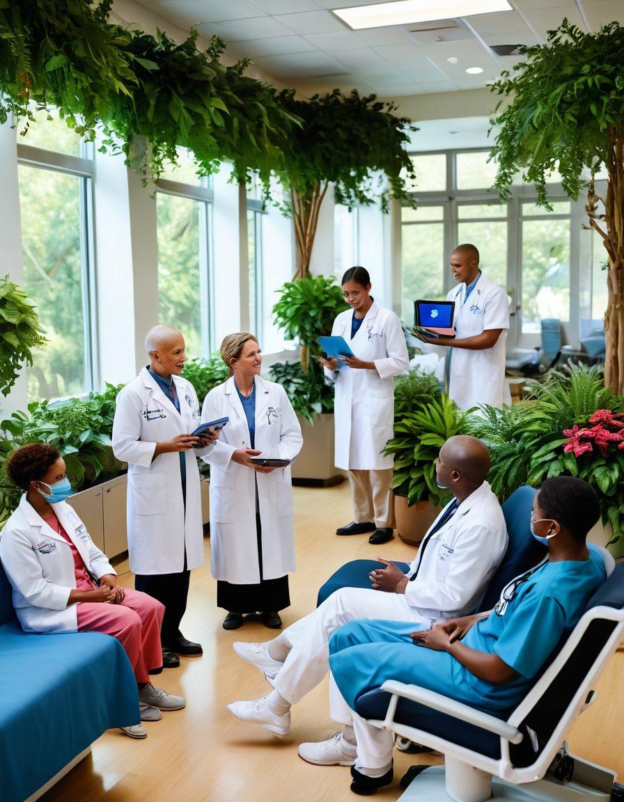 A diverse group of patients and healthcare professionals engaged in a bright, collaborative environment showcasing innovative cancer therapies. Include advanced medical technology like robots and digital displays, surrounded by lush greenery to symbolize hope and community support. Incorporate elements of compassion, such as a nurse comforting a patient. Emphasize a sense of empowerment and positivity. vibrant colors. 3D.